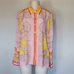 Hale Bob pink/yellow antique print button up silk blouse-L